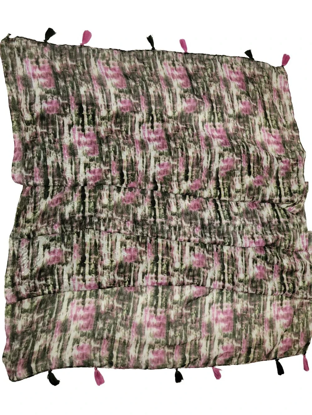 Abstract Print Tasseled Scarf Pink Black White Lightweight Accessory